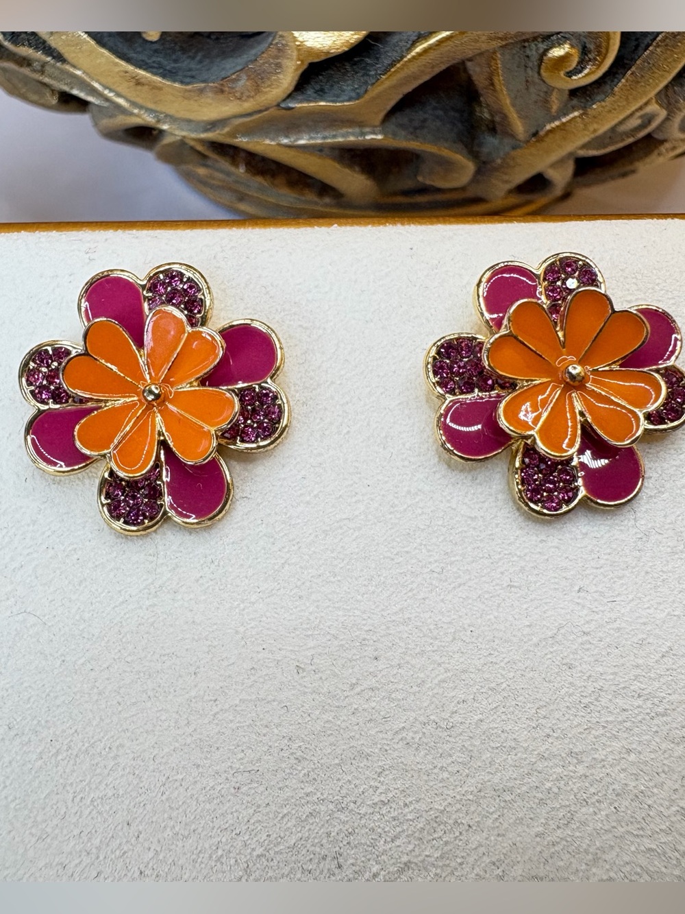 Talbots Nectarine Clover Earrings in Orange and Pink Enamel + Purple Rhinestones